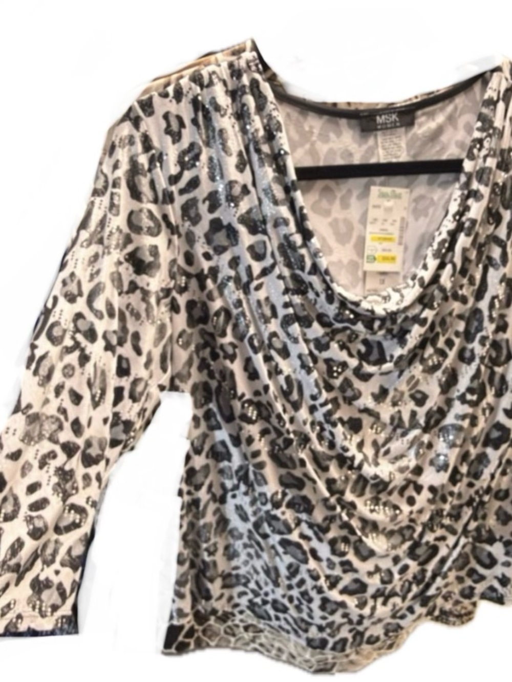 MSK Women's White and Black Leopard Print Drape Neck Top NWT-1X